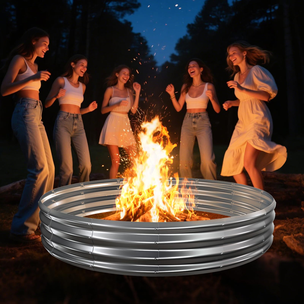 TBMLC galvanized steel fire ring closeup showing zinc finish for rust resistance.