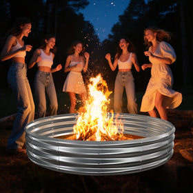 TBMLC galvanized steel fire ring closeup showing zinc finish for rust resistance.