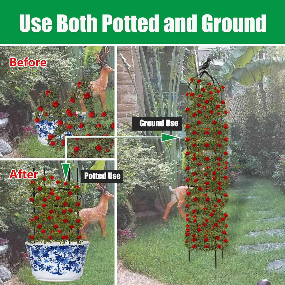 TCBWFY ground stakes keep the trellis stable in wind.