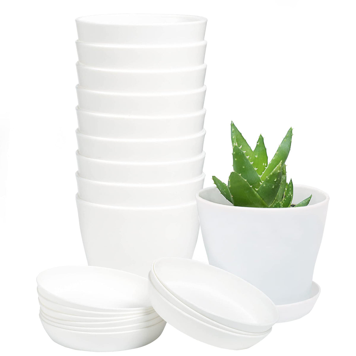 TDHDIKE plastic planters 10-pack with white pots and trays for organized gardening.