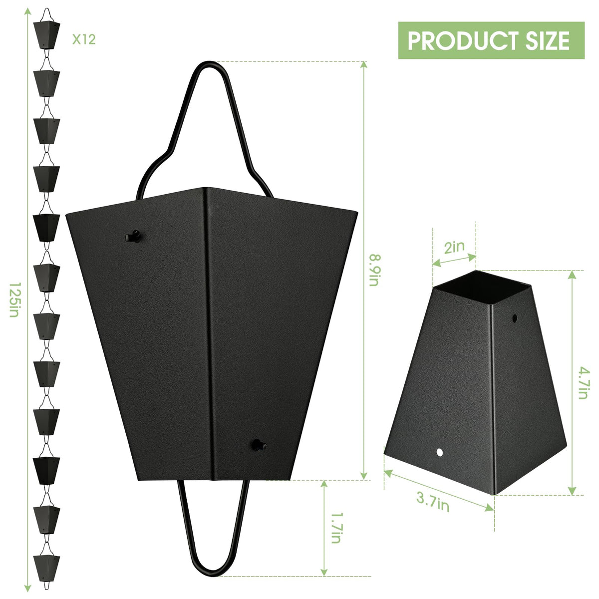 TE DEUM black powder coated rain chain 8.5 feet long for durable drainage.