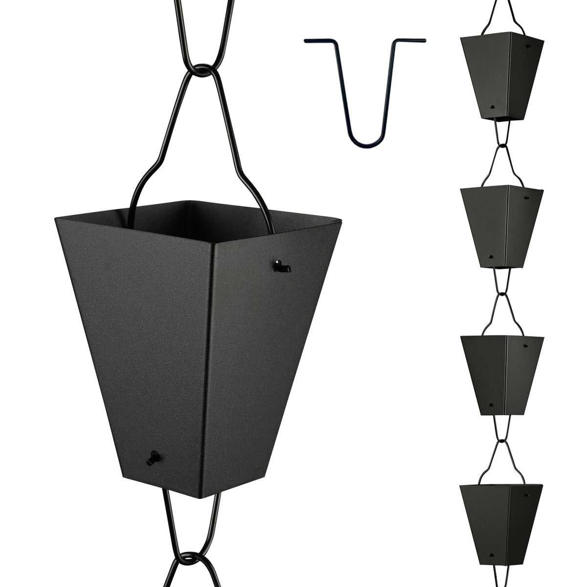 TE DEUM square link rain chain with large cups catches rain gracefully.