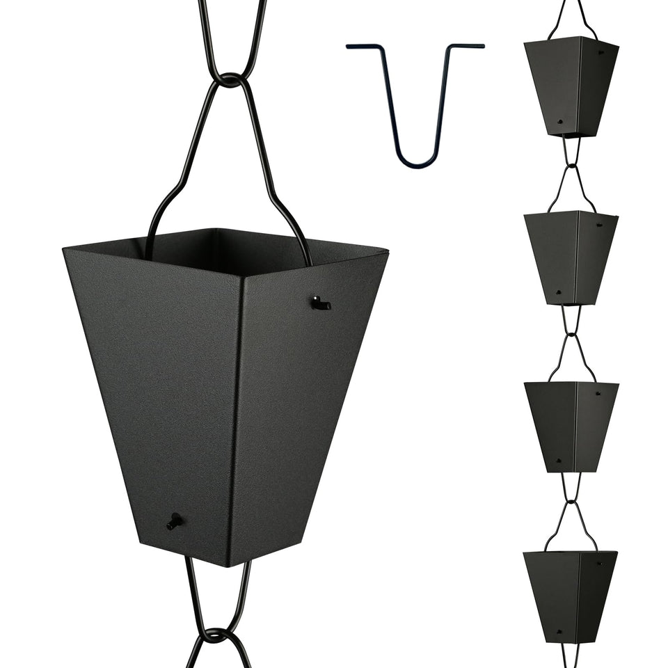 TE DEUM square link rain chain with large cups catches rain gracefully.
