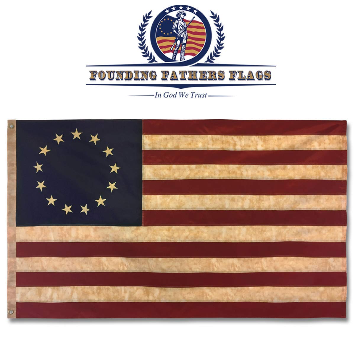 Betsy Ross flag with tea-stain vintage look enhances period-style decor