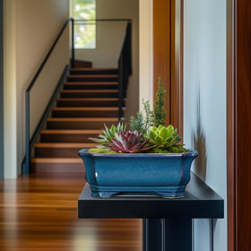 Blue reactive glaze complements modern living spaces.