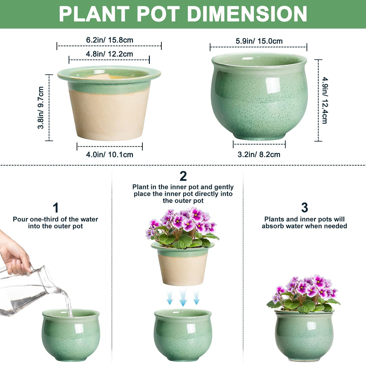 Teagas ceramic self-watering pot absorbent inner pot demonstrates moisture transfer for healthy hydration.