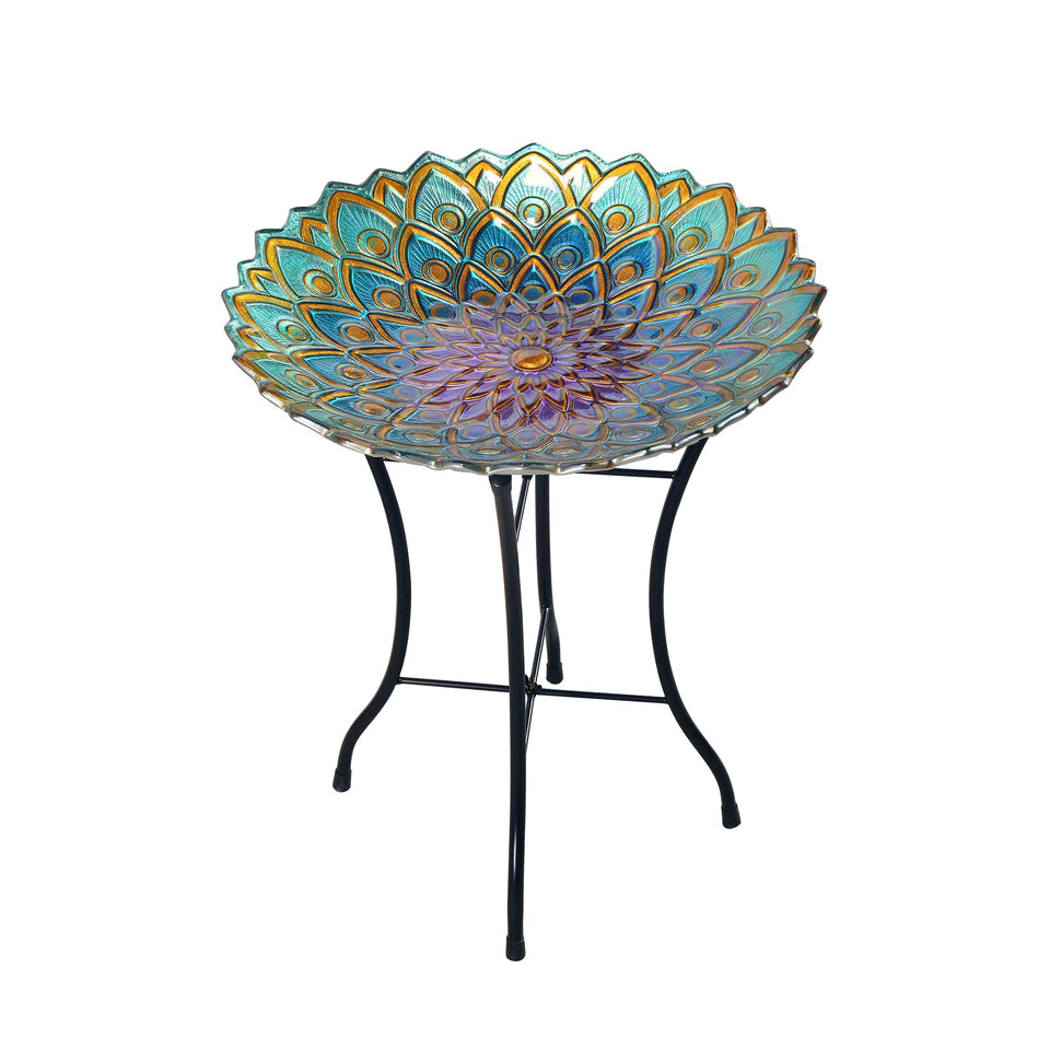 Teamson Home bird bath with blue-purple mosaic flowers for outdoor beauty.