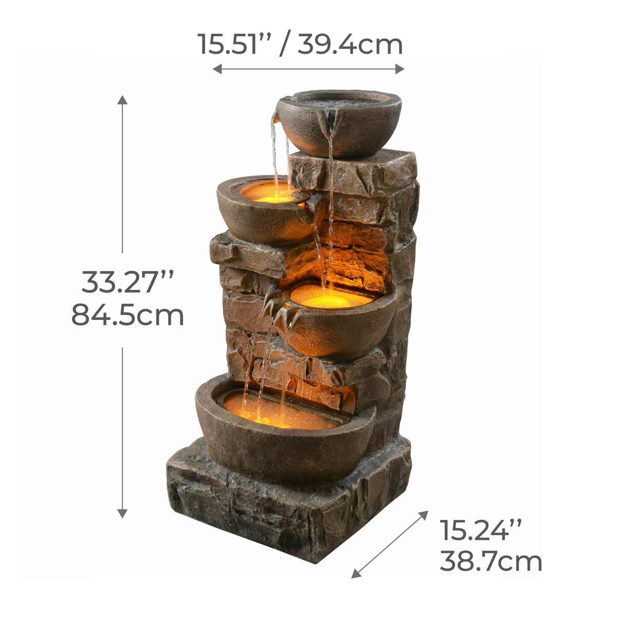 Cascading bowls design creates a tranquil water sequence for patios and decks.