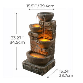 Cascading bowls design creates a tranquil water sequence for patios and decks.