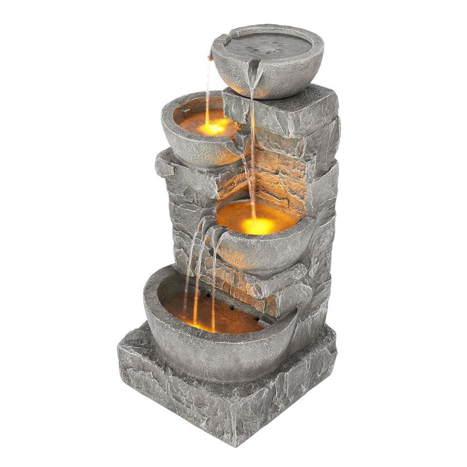 Teamson Home cascading bowls fountain with stacked stones for tranquil outdoor ambiance.