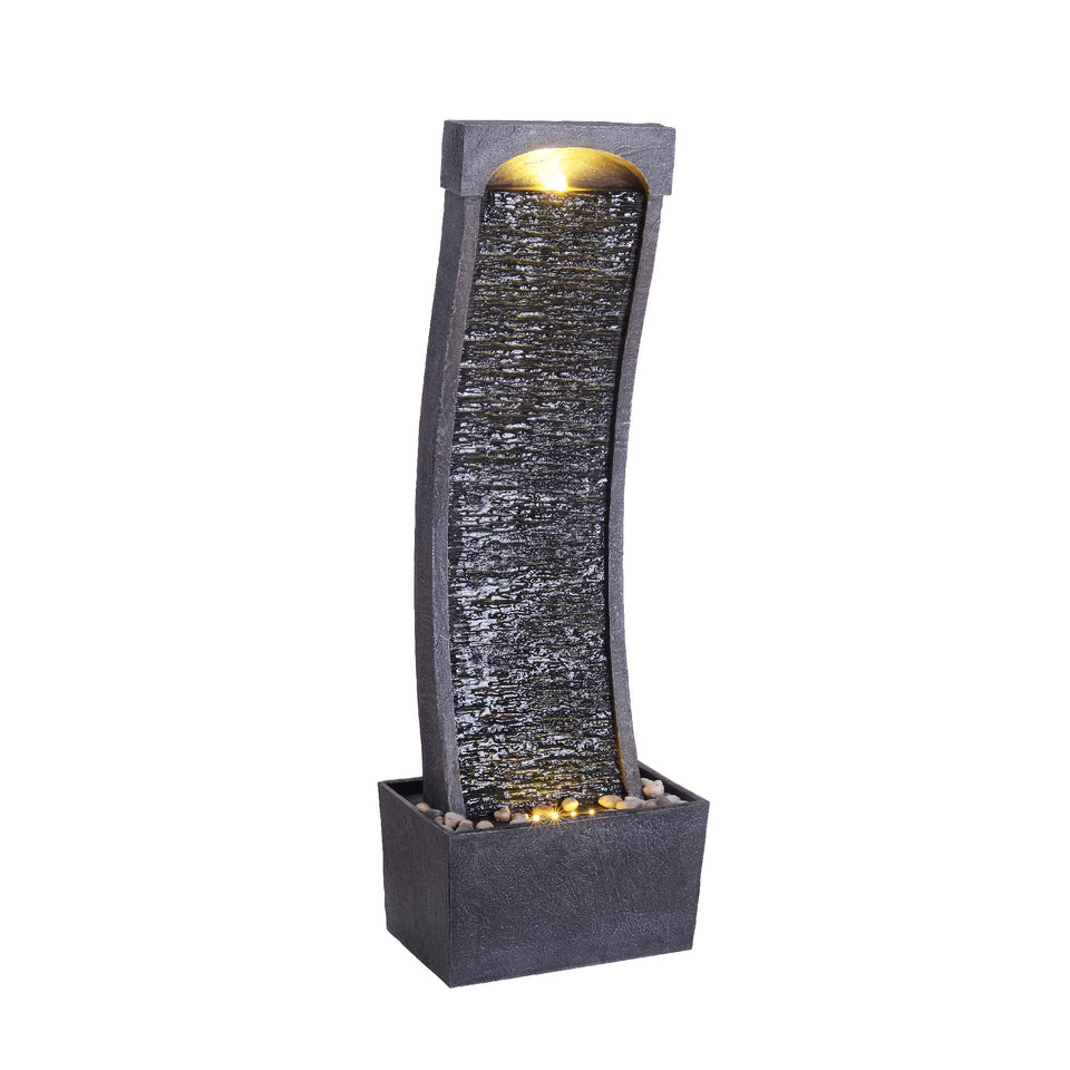 Teamson Home curved faux slate fountain with top LED lighting for ambient outdoor spaces.