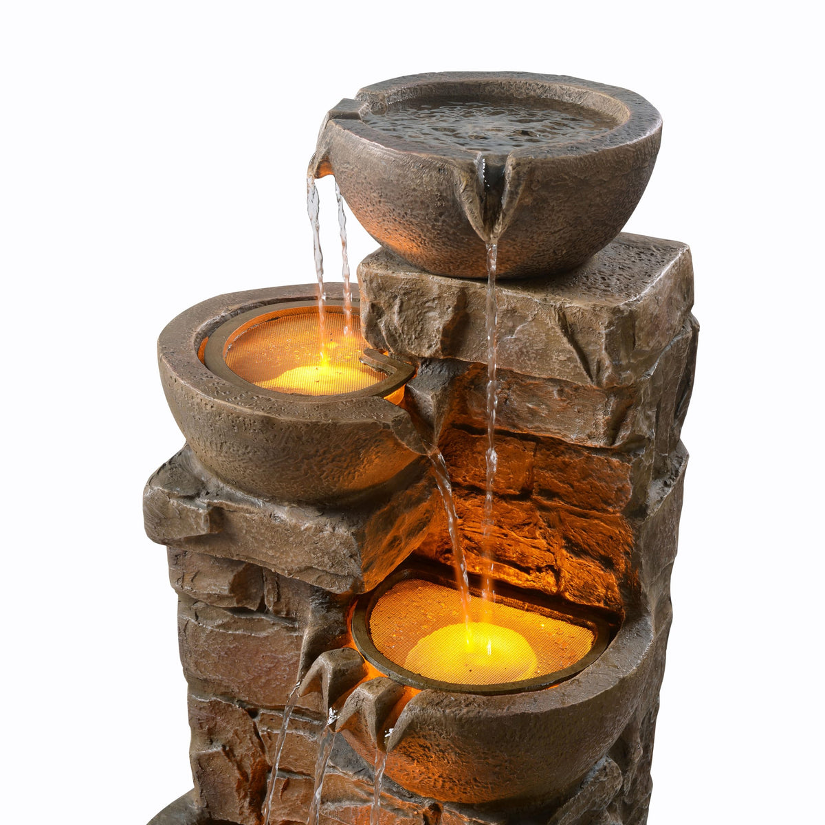 Freestanding floor fountain suitable for patios, gardens, balconies, and lawns.