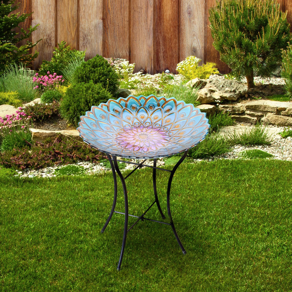 Teamson Home mosaic floral bird bath enhances patio color and charm.