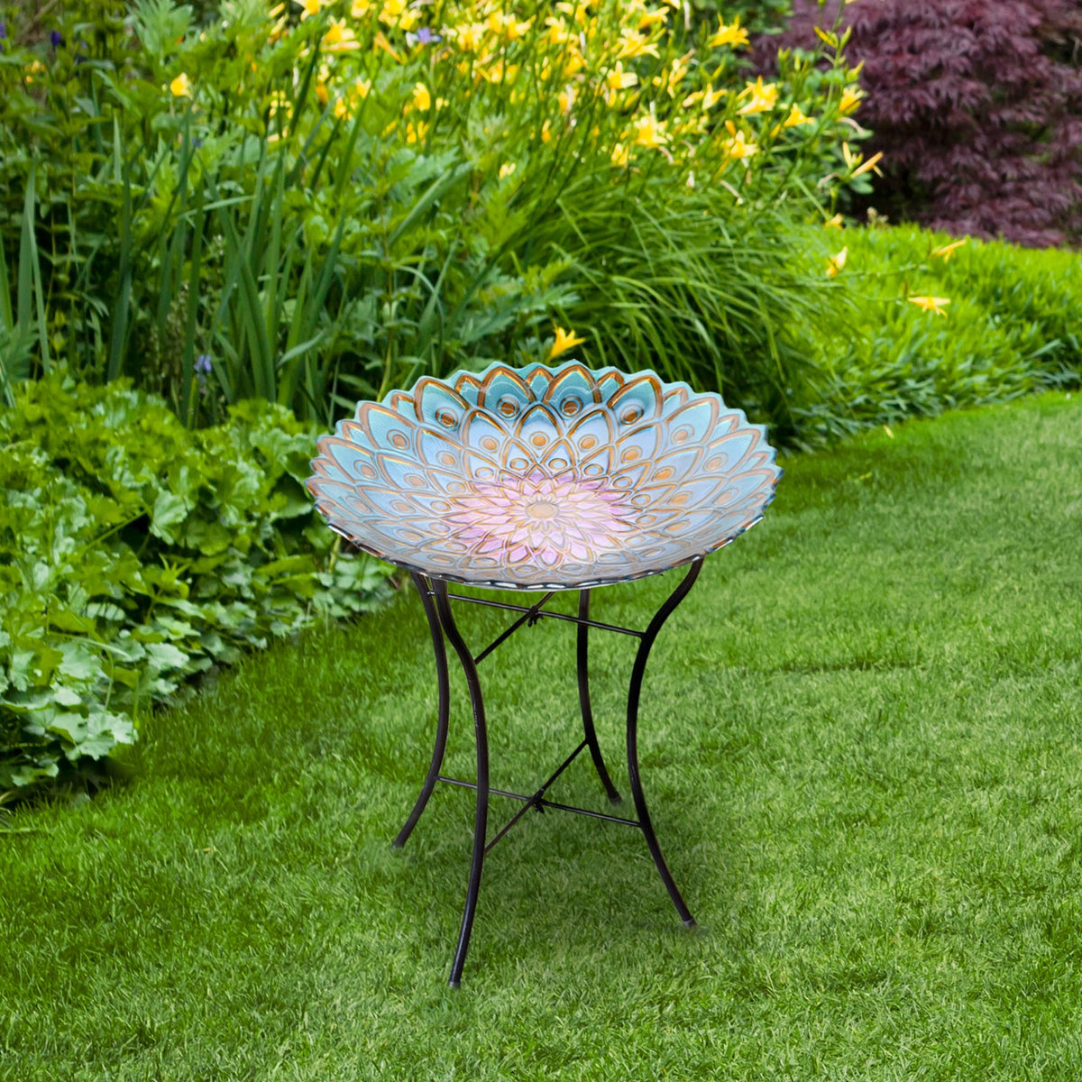 Teamson Home glass pedestal bird bath for an elegant garden focal point.