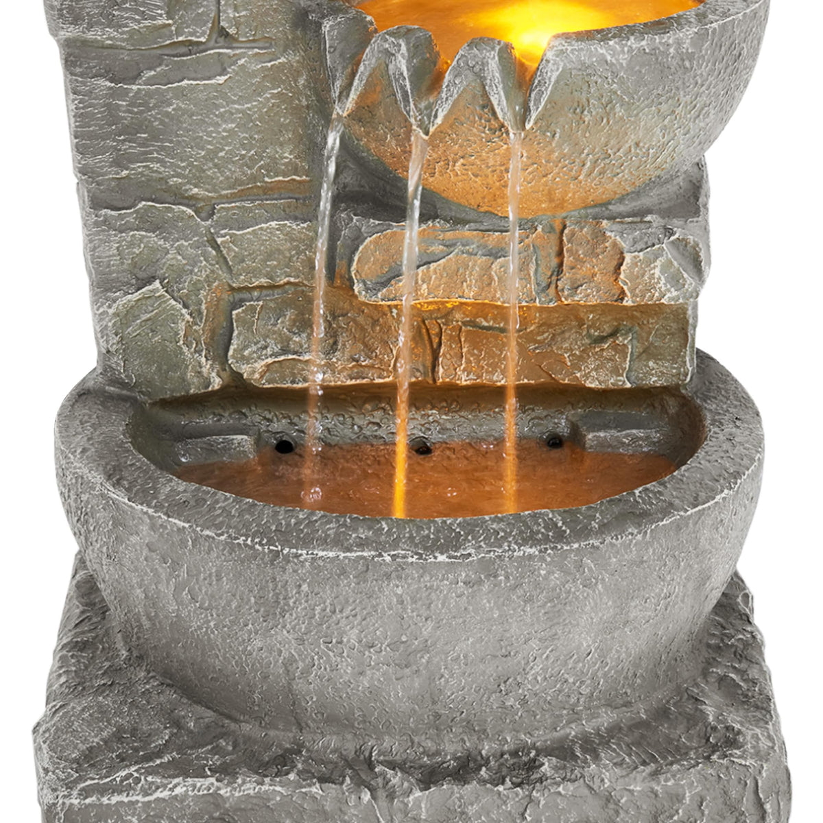 Teamson Home warm glow from water fountain enhances night-time ambiance.