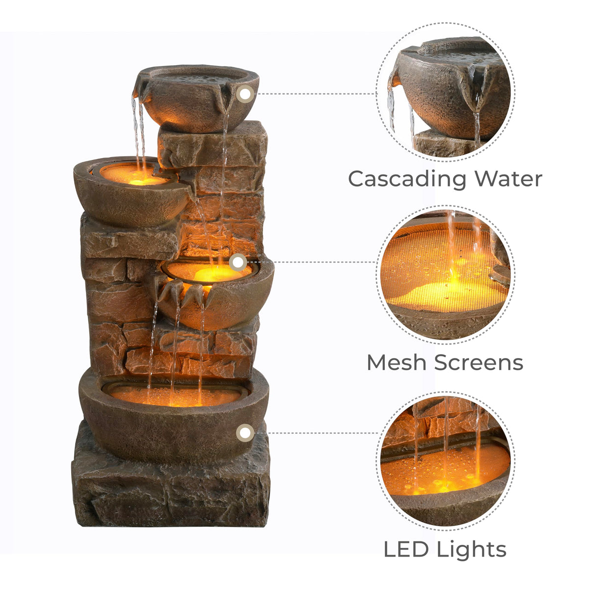 Stacked-stone look in durable polyresin blends with any landscape.