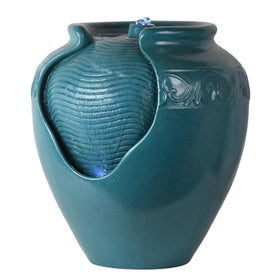 Teamson Home teal pot fountain in rugged polyresin for outdoor durability.
