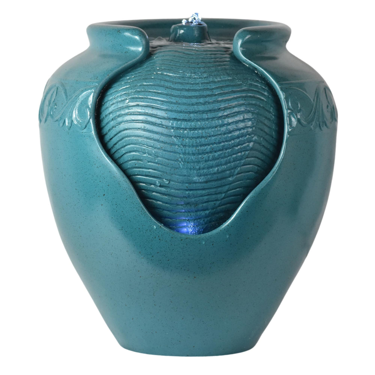 Teamson Home teal pot water fountain, front view, adds stylish outdoor focal point.