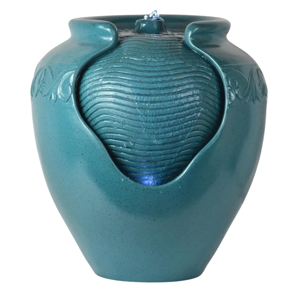 Teamson Home teal pot water fountain, front view, adds stylish outdoor focal point.