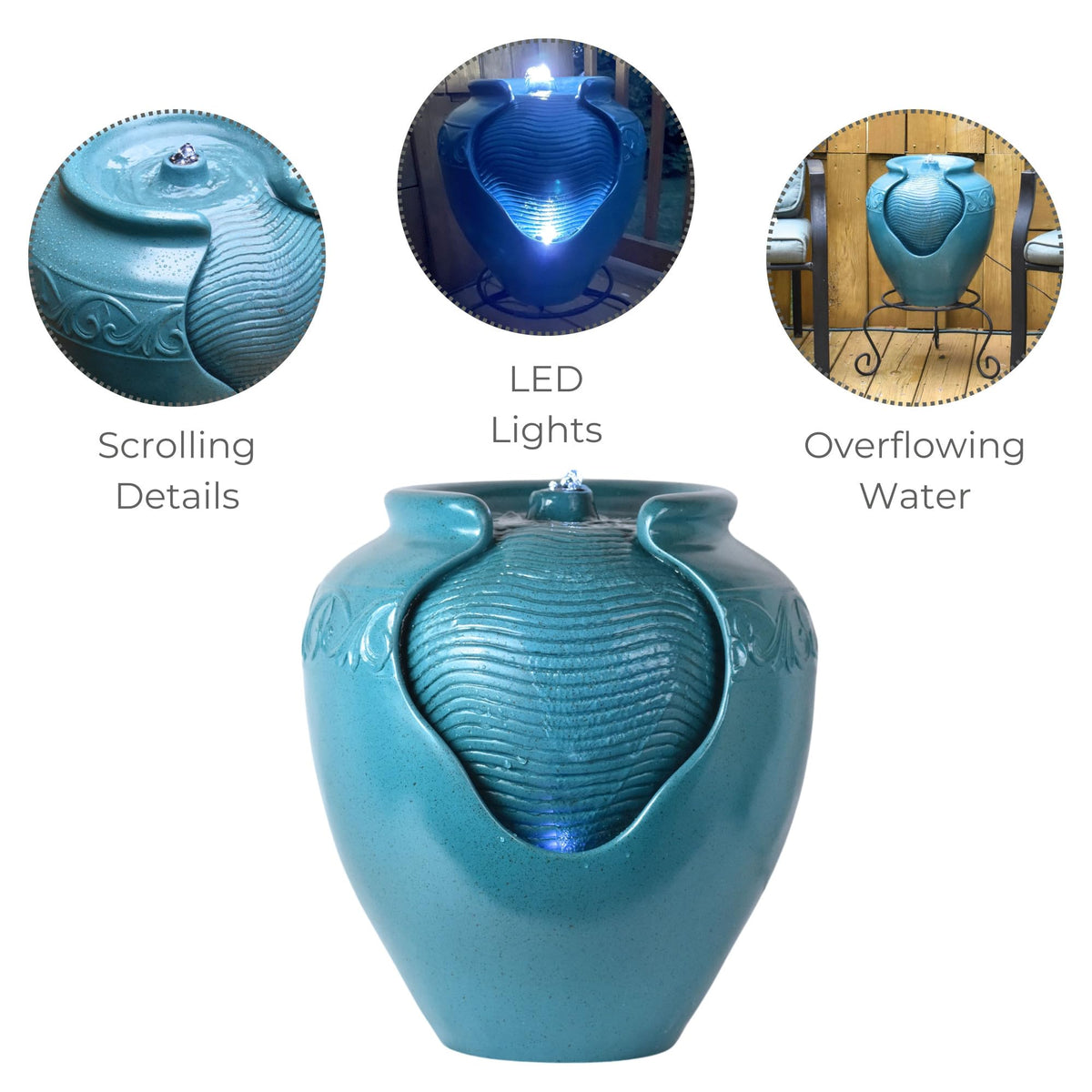 Teamson Home teal pot fountain showing water flow over wave texture.