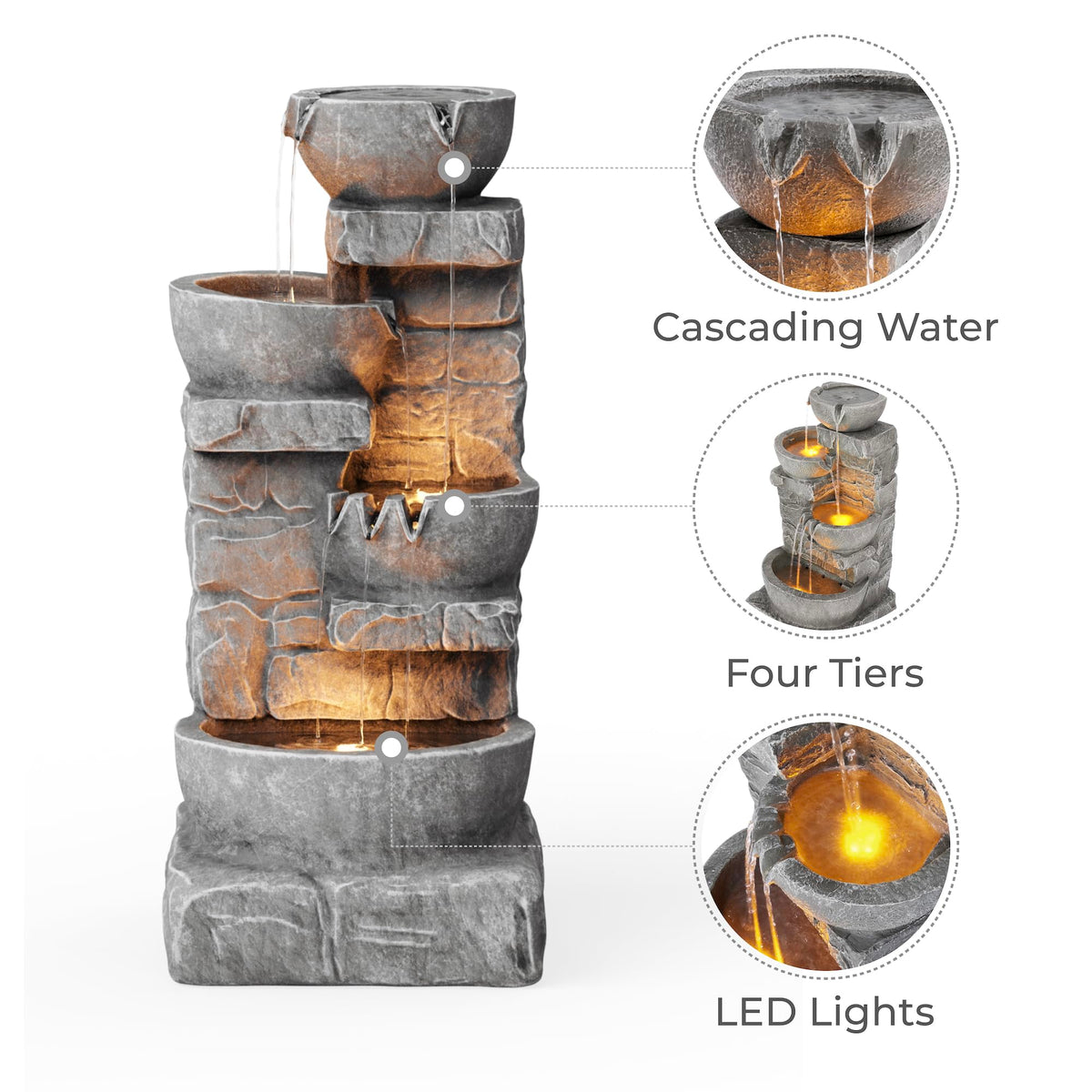 Teamson Home weather-resilient polyresin fountain with stone texture for durability.