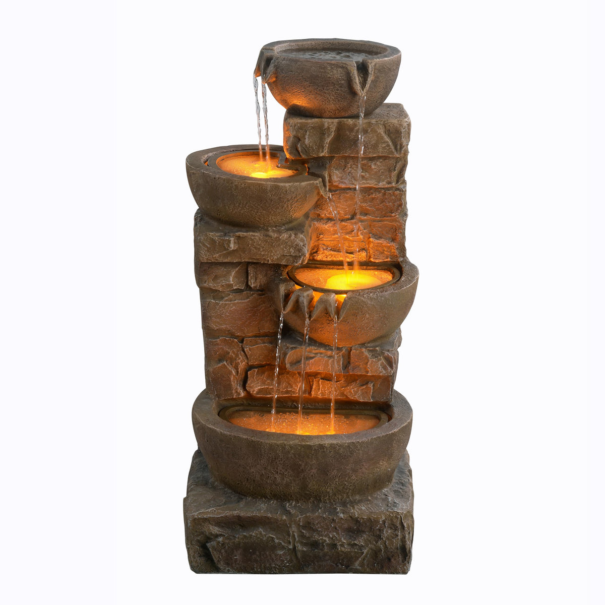 Weatherproof polyresin fountain withstands rain and sun for year-round use.