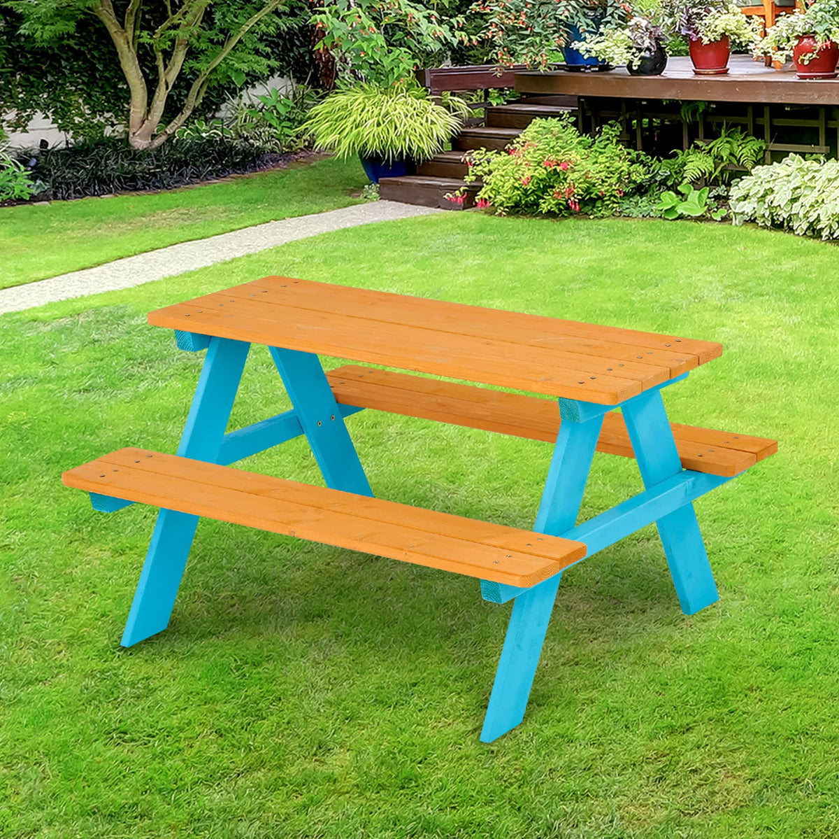 Assembled Teamson Kids picnic table ready for backyard play and meals.