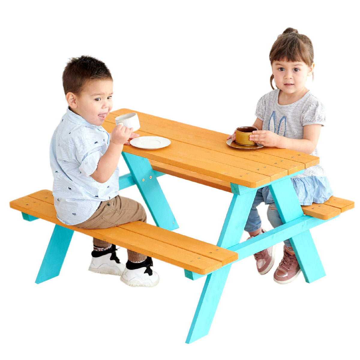 Built-in benches on the Teamson Kids table provide safe seating for four children.