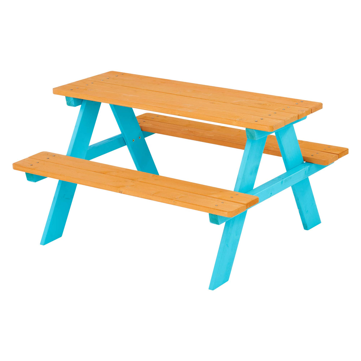 Teamson Kids picnic table in brown and aqua for outdoor meals and crafts.