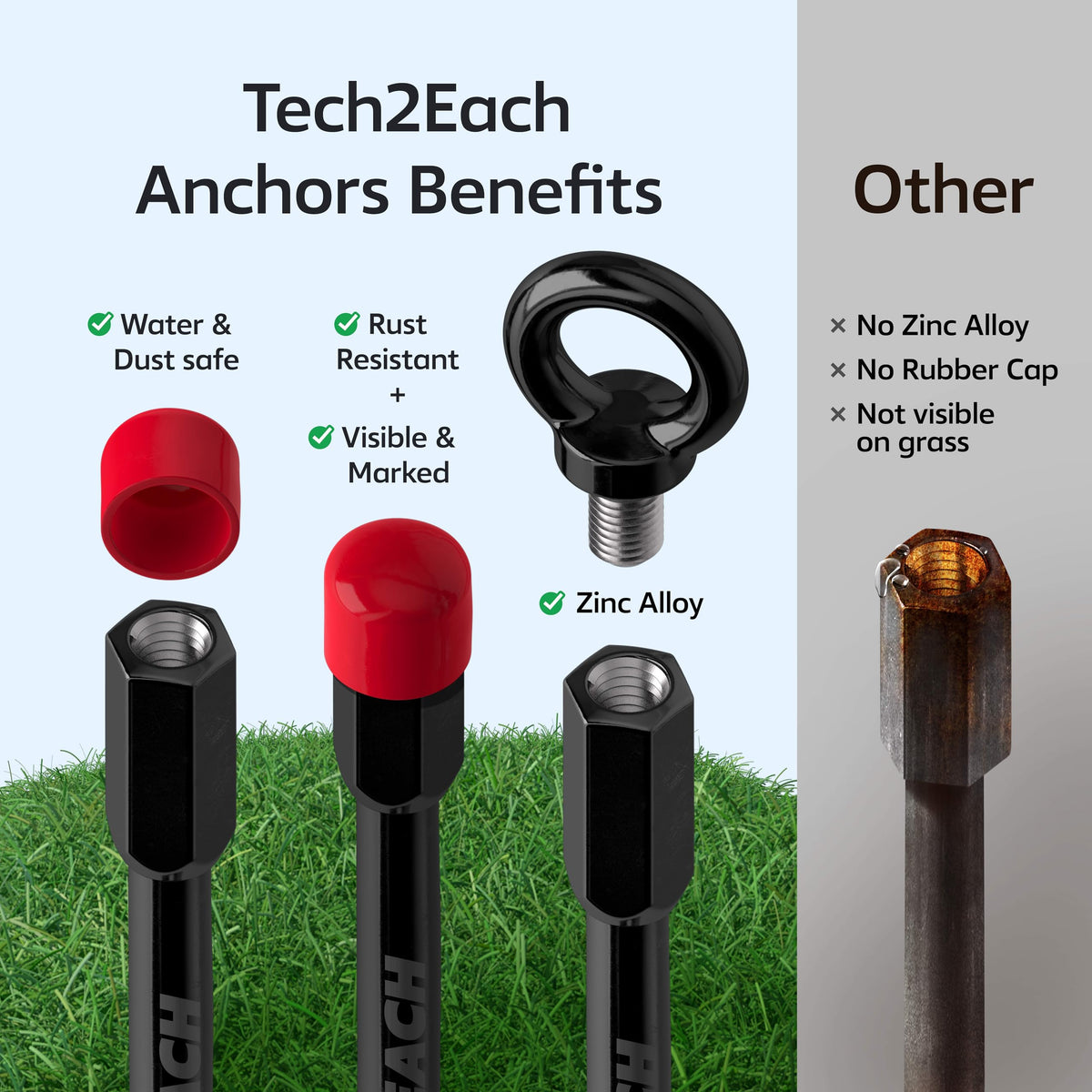 TECH2EACH ground anchor application shows tent, swing set, and shed use.