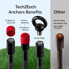 TECH2EACH ground anchor application shows tent, swing set, and shed use.
