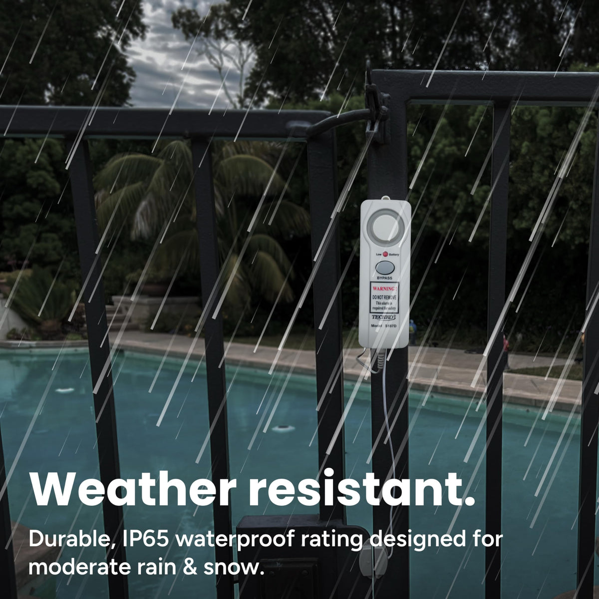 Techko S187D IP65 rating badge shows weather resistance for outdoor installation.