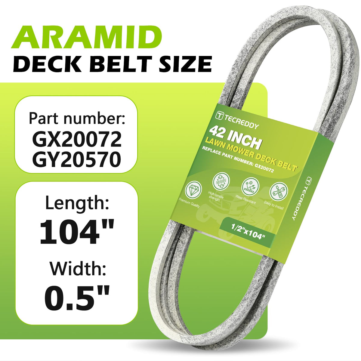 Tecreddy 104-inch belt in view, built for reliable mower drive.