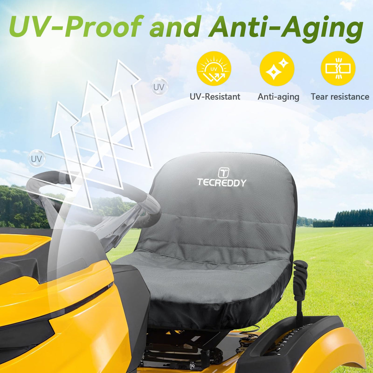 Tecreddy back-pocket storage keeps tools within reach during mowing.