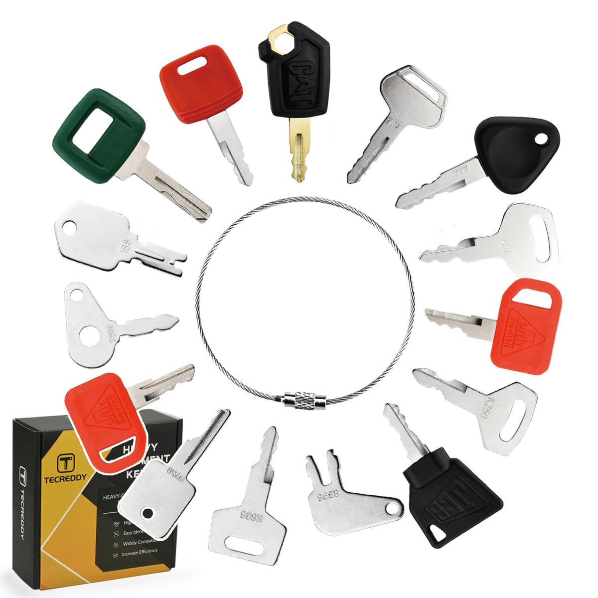 Tecreddy Heavy Equipment Keys Master Set laid out on a workbench showing Cat and Deere compatibility.