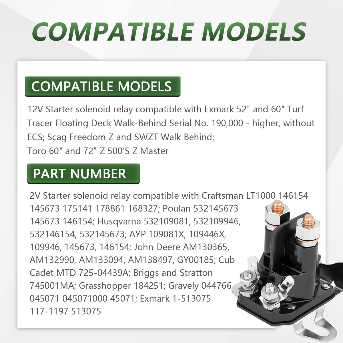Troy Bilt / Toro compatible solenoid supports smoother starts.