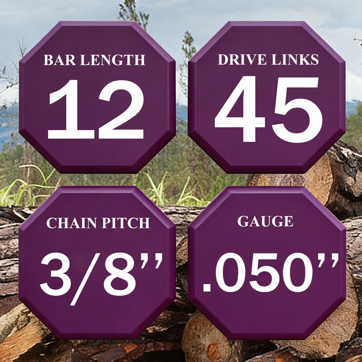 TEEANEES 12-inch chain close-up showing 3/8 LP pitch and .050 gauge.