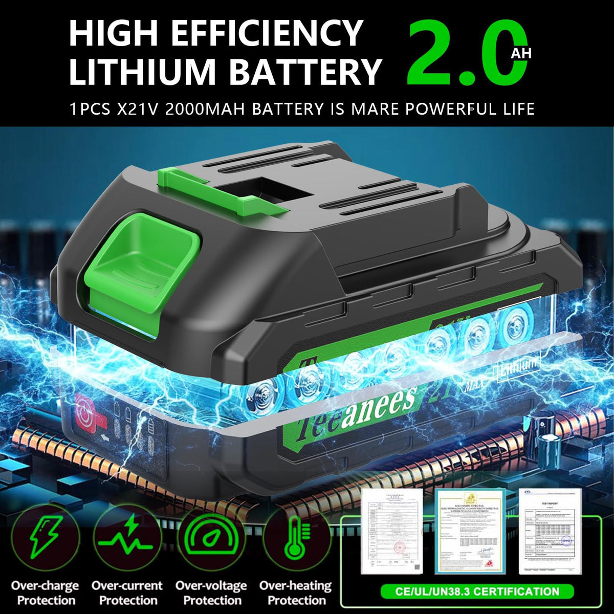 TEEANEES 21V battery pack powering cordless yard work