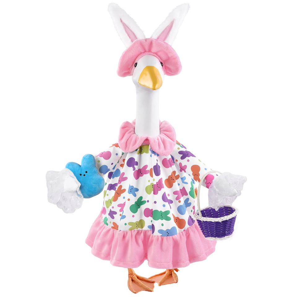 Teeanzo Easter goose outfit with purple basket on porch enhances garden decor