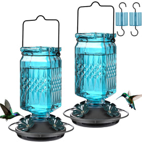 Tegarbed 20oz blue glass hummingbird feeder with flower ports attracts nectar-loving birds