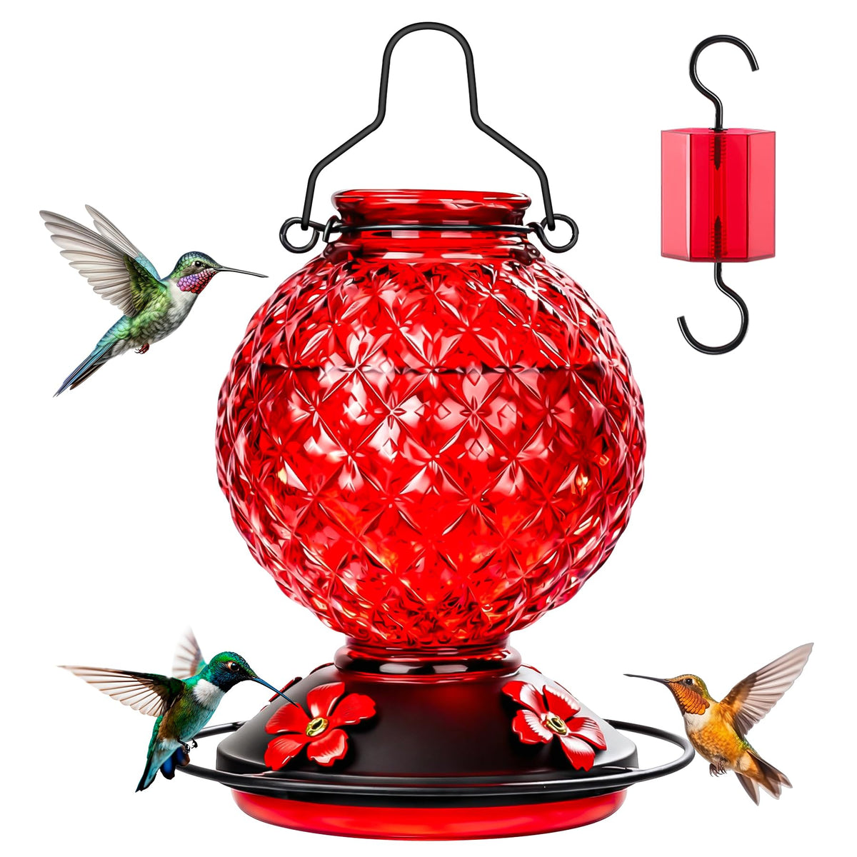 Tegarbed 25 oz glass hummingbird feeder outdoors in a garden.