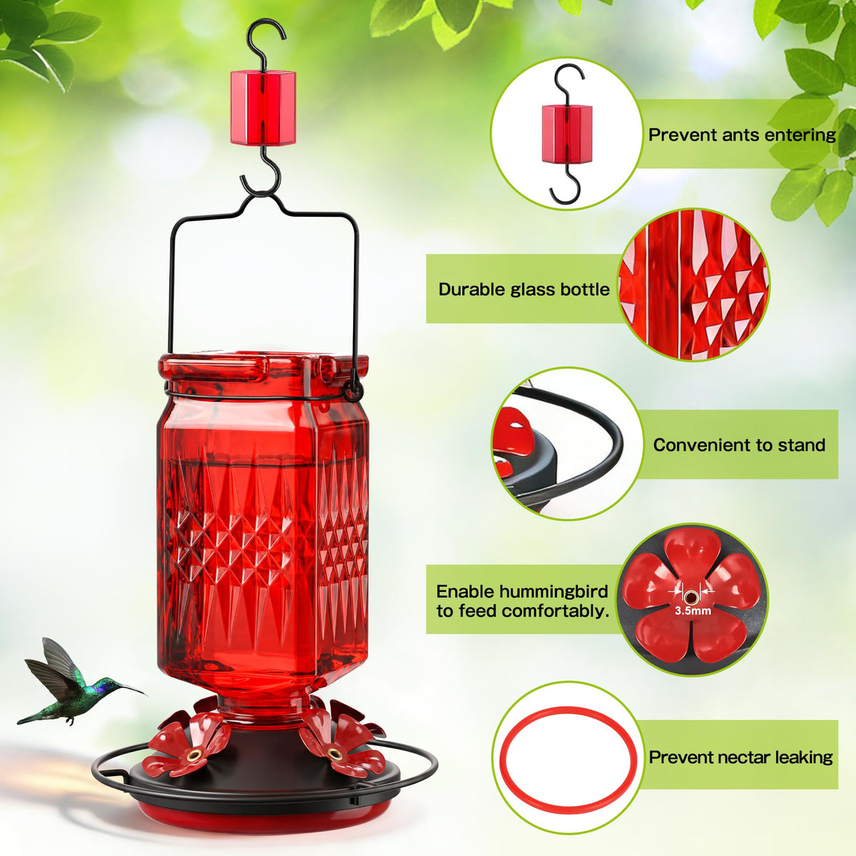 Tegarbed built‑in ant moat helps prevent nectar contamination for longer freshness.