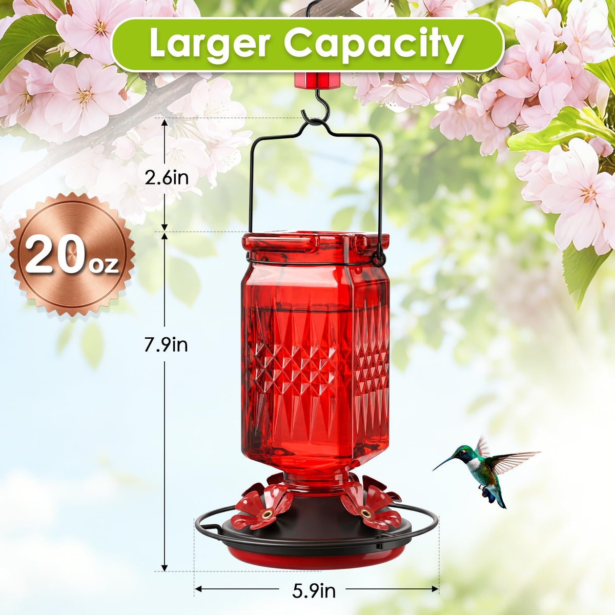 Tegarbed bee guard ports protect nectar while inviting lively hummingbird visitors.