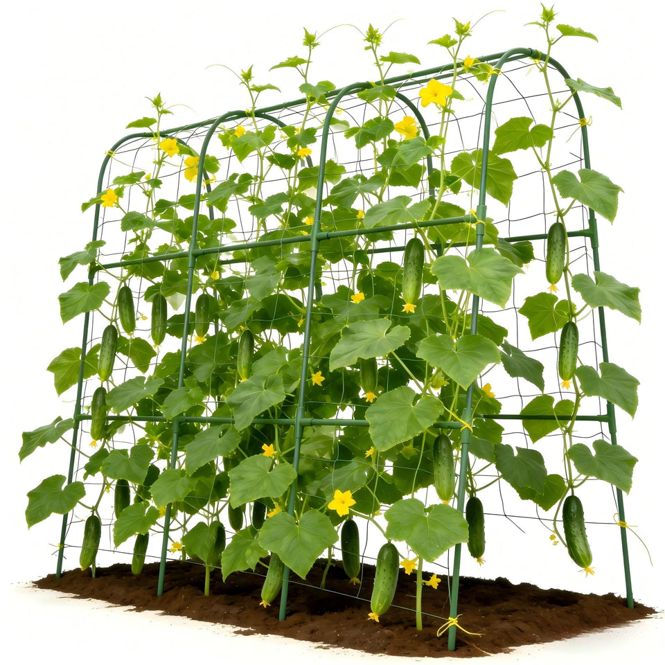 Tegarbed cucumber trellis assembly demonstrates a sturdy rust-resistant frame for climbing plants