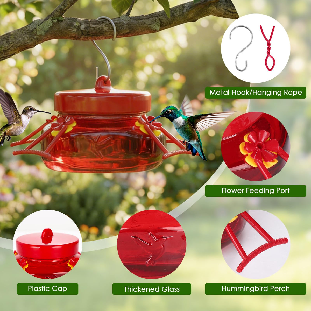 Four silicone flowers with feeding ports on the Tegarbed feeder attract hummingbirds.