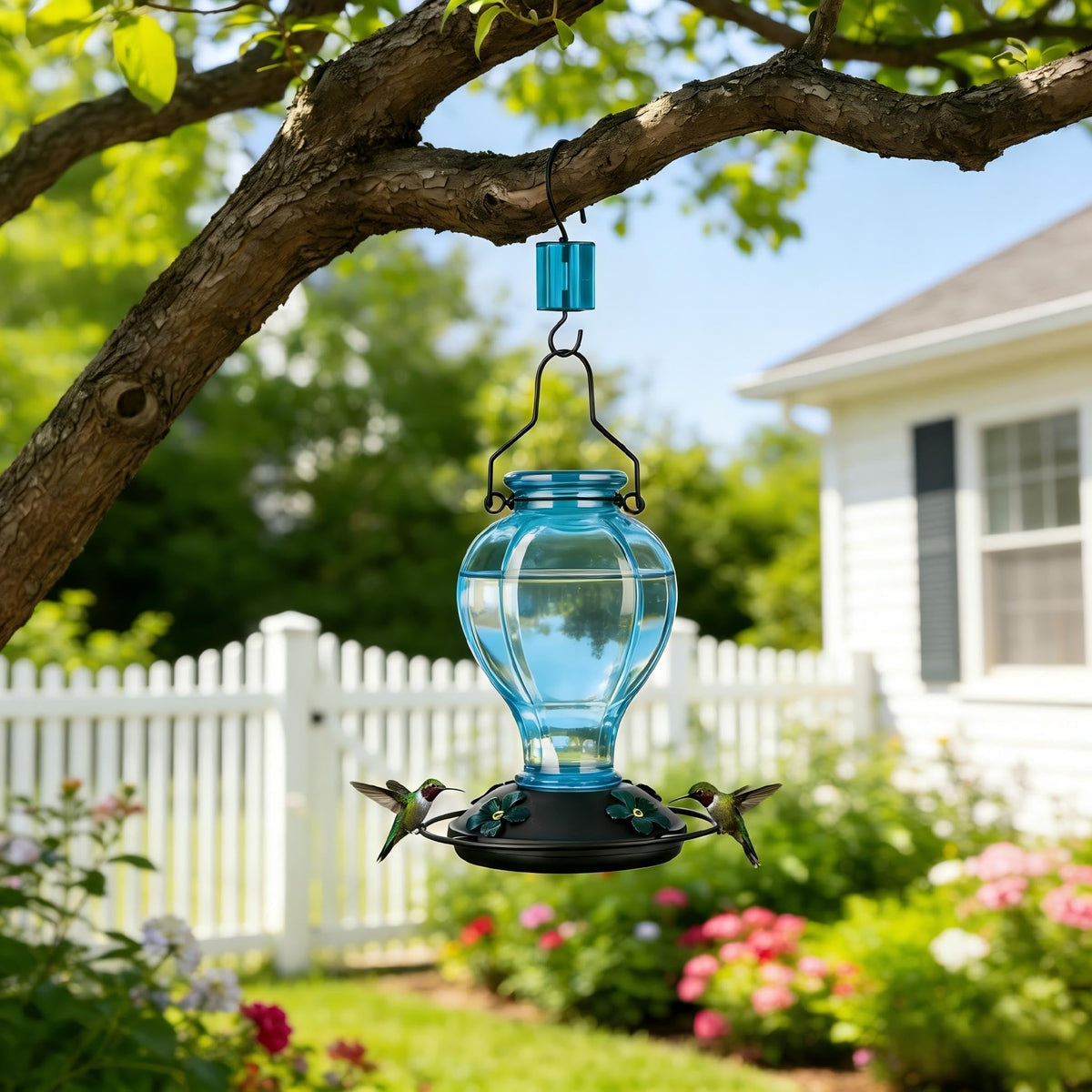 Tegarbed blue glass hummingbird feeder enhances garden decor and invites birds.