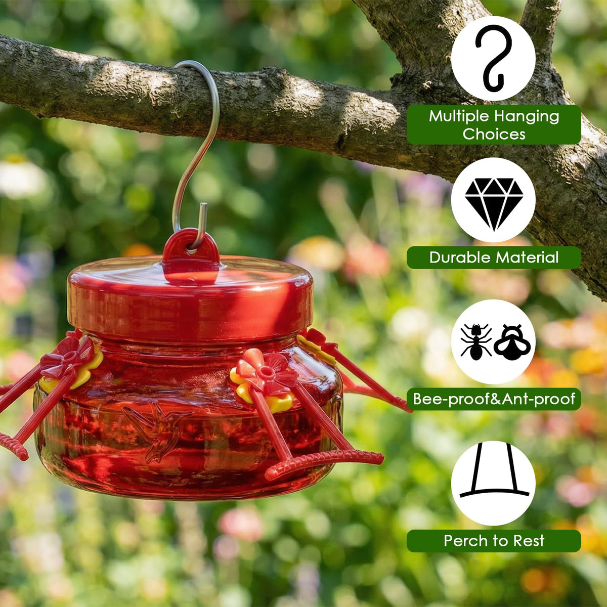 Garden-ready Tegarbed hummingbird feeder adds color and movement to outdoor spaces.