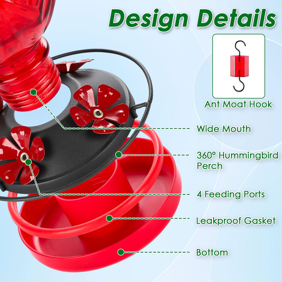 Tegarbed red feeder with ant moat helps keep nectar clean outdoors.