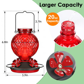 Tegarbed glass hummingbird feeder with bee guard ports reduces bee interference.