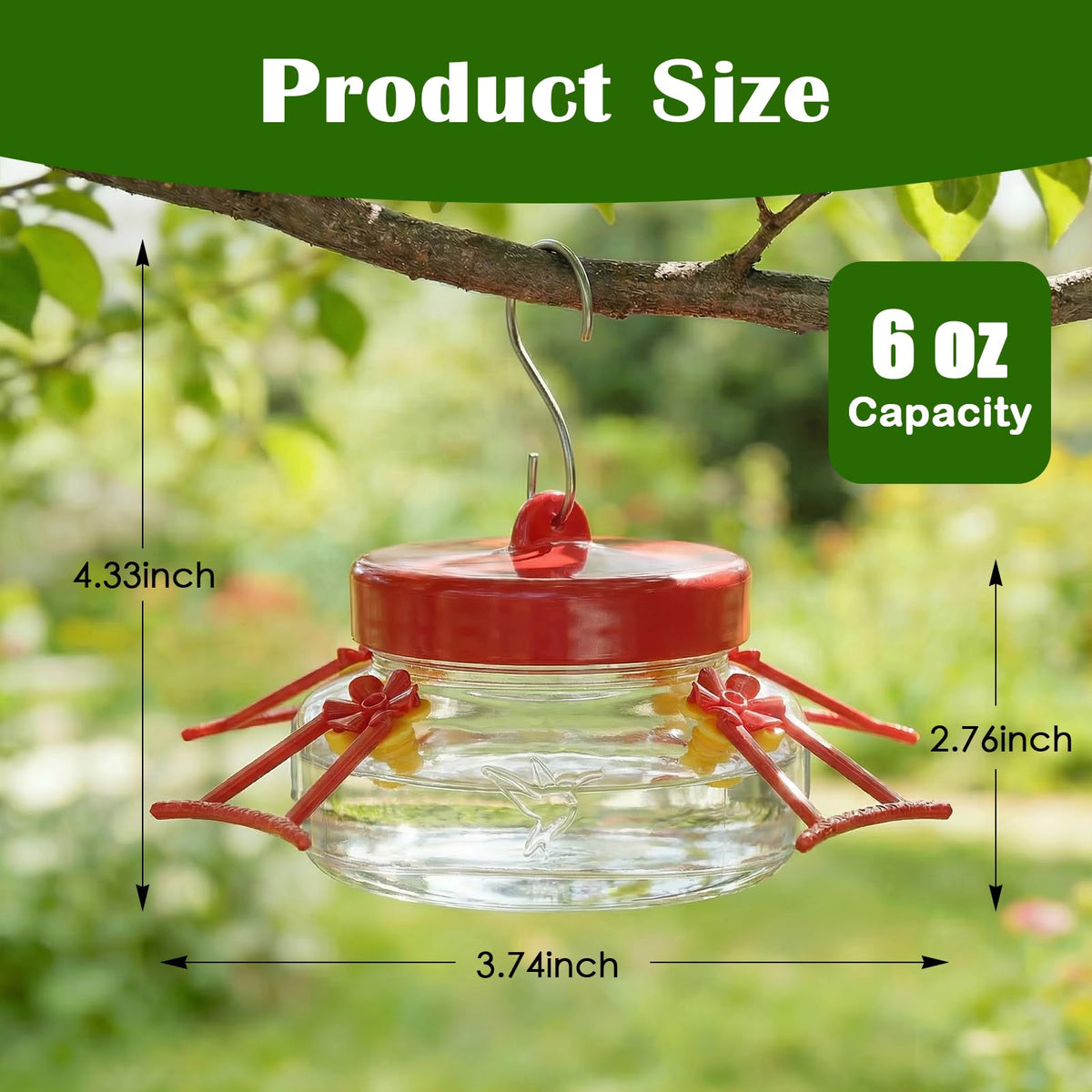 Tegarbed glass hummingbird feeder close-up shows four feeding ports.